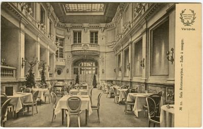 Vintage postcard of dining area with tables, chairs, and ornate decor at Polonia Palace Hotel