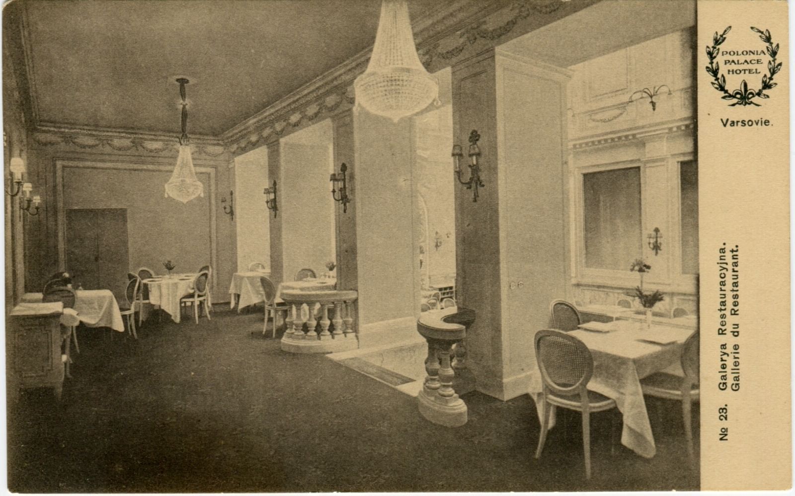 Vintage photo of an elegant dining room with tables, chairs and ornate chandeliers at Polonia Palace Hotel