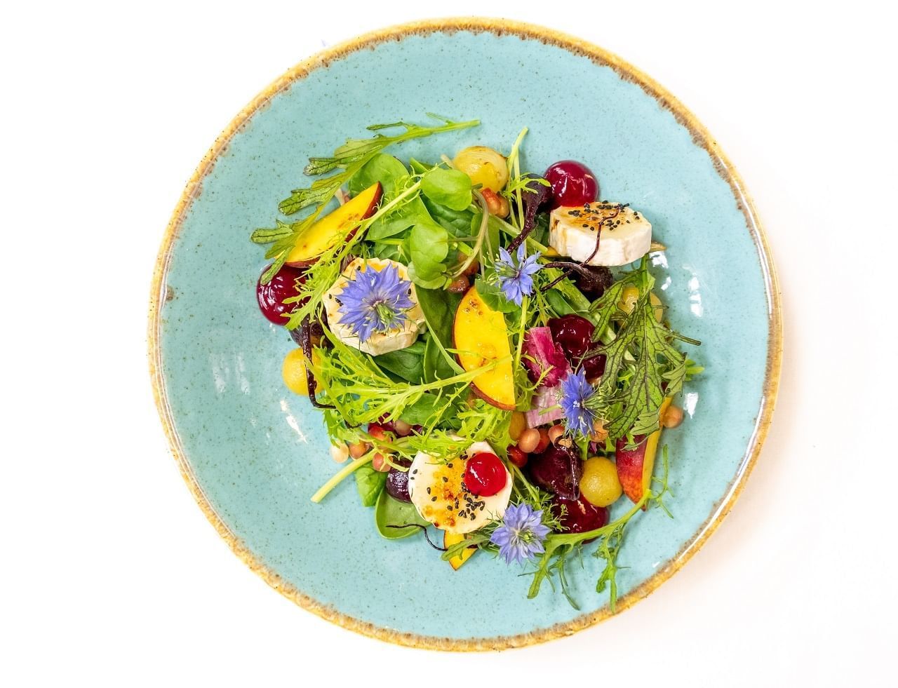 Colorful gourmet salad with edible flowers on a blue ceramic plate served at Polonia Palace Hotel