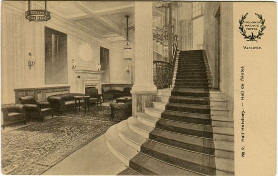 Vintage postcard of Polonia Palace Hotel interior with stairs and seating area